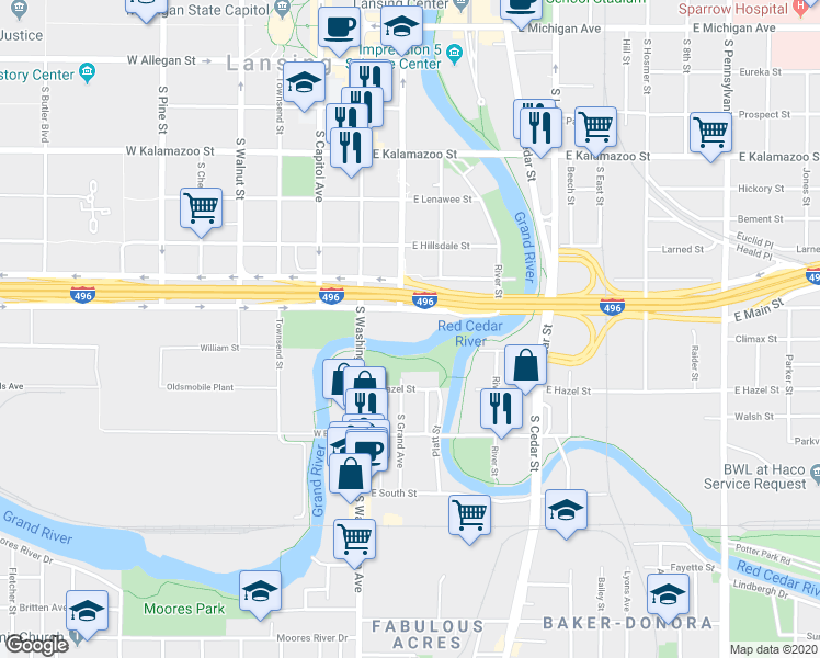map of restaurants, bars, coffee shops, grocery stores, and more near 206 Malcolm X Street in Lansing