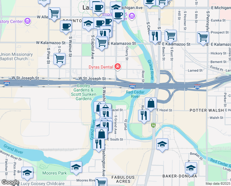 map of restaurants, bars, coffee shops, grocery stores, and more near 206 Malcolm X Street in Lansing