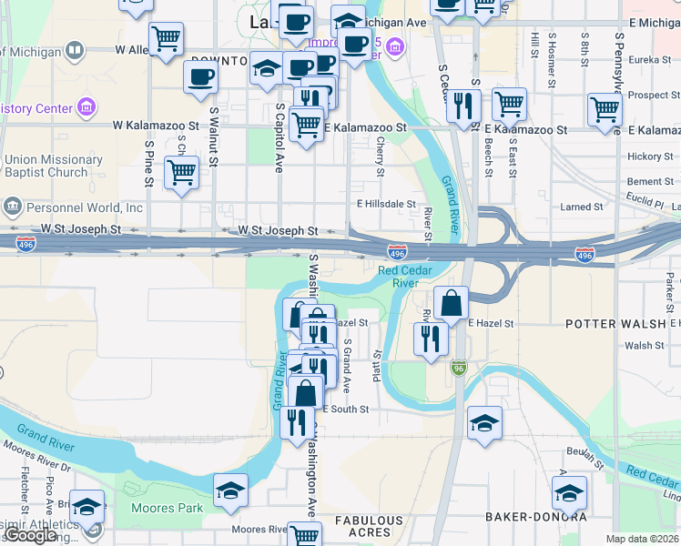map of restaurants, bars, coffee shops, grocery stores, and more near 206 Malcolm X Street in Lansing