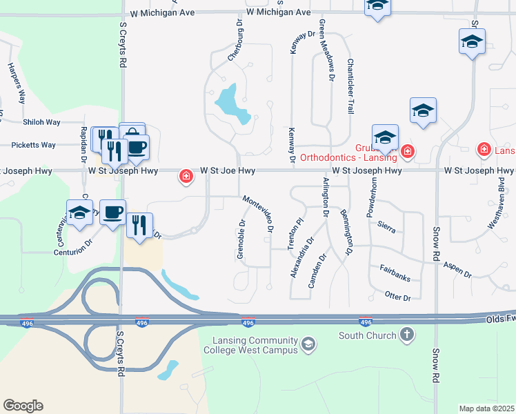 map of restaurants, bars, coffee shops, grocery stores, and more near 828 Montevideo Drive in Lansing