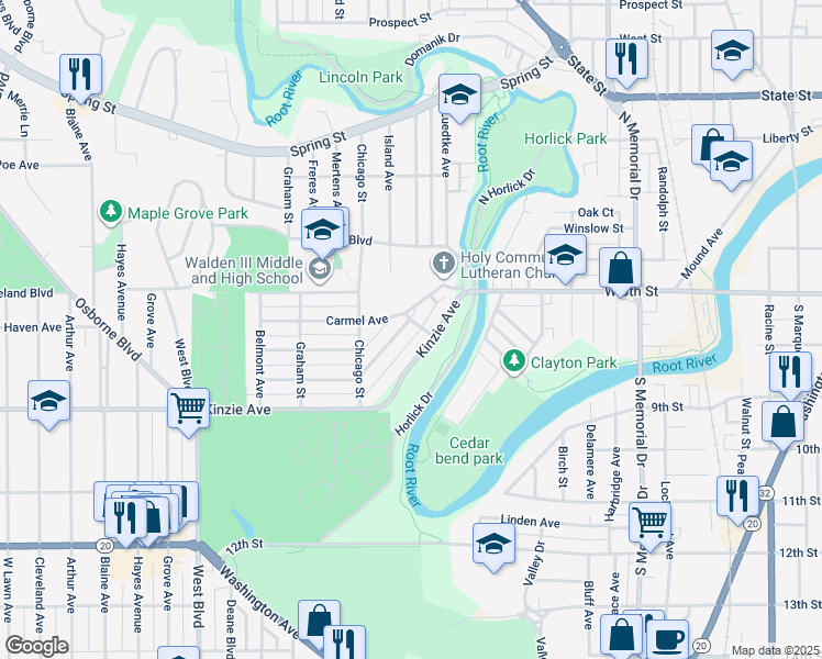 map of restaurants, bars, coffee shops, grocery stores, and more near 2127 Clarence Avenue in Racine