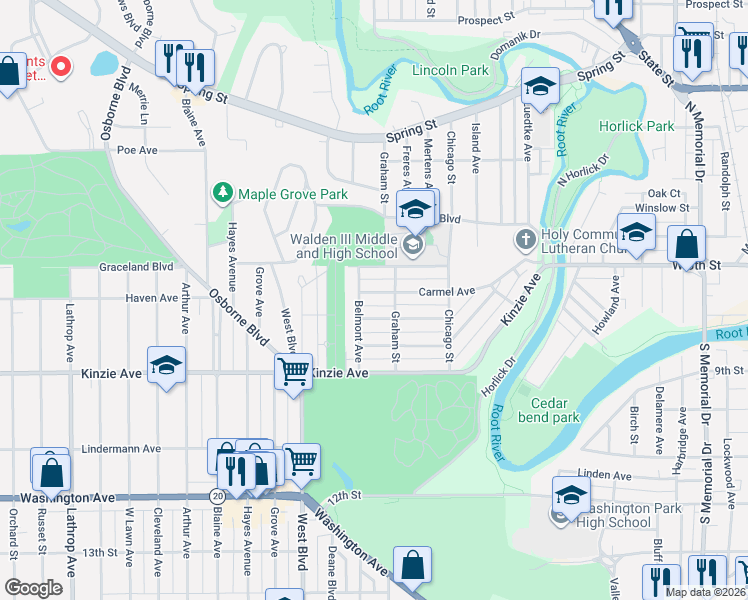 map of restaurants, bars, coffee shops, grocery stores, and more near 2418 Thor Avenue in Racine