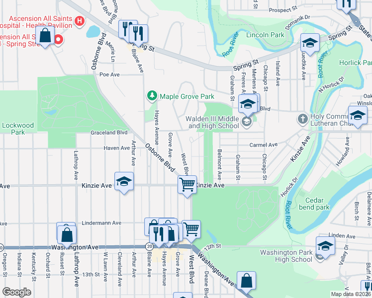 map of restaurants, bars, coffee shops, grocery stores, and more near 2530 Kinzie Avenue in Racine
