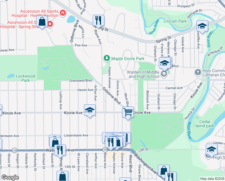 map of restaurants, bars, coffee shops, grocery stores, and more near 3224 Osborne Boulevard in Racine