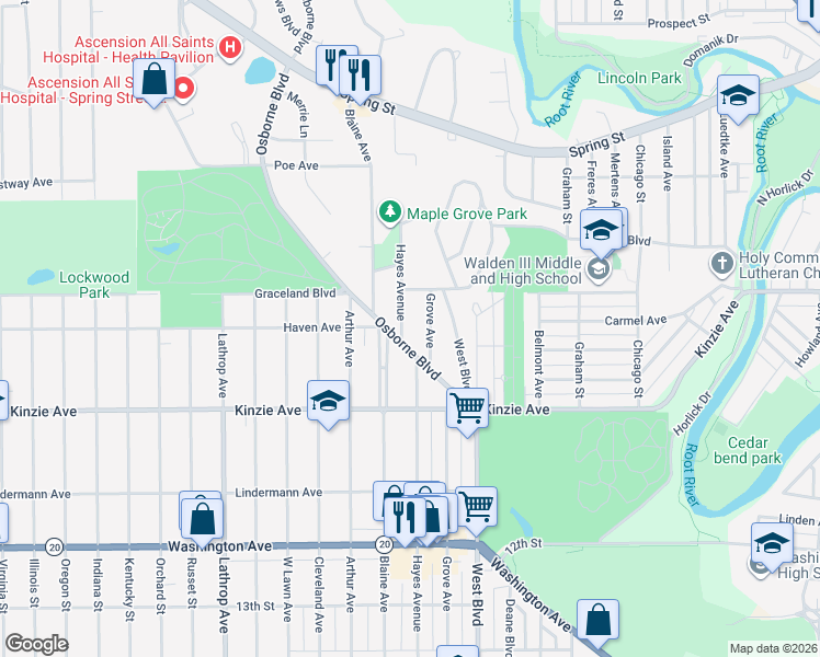 map of restaurants, bars, coffee shops, grocery stores, and more near 3224 Osborne Boulevard in Racine