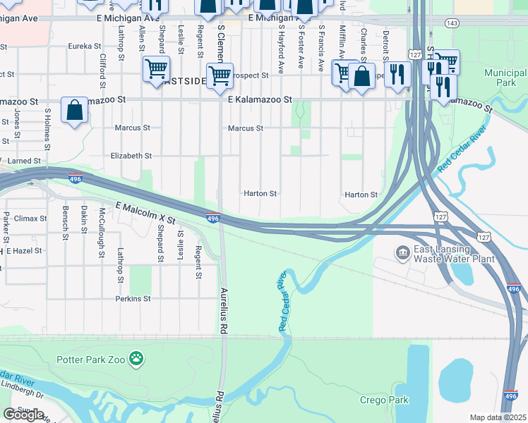 map of restaurants, bars, coffee shops, grocery stores, and more near 721 South Magnolia Avenue in Lansing
