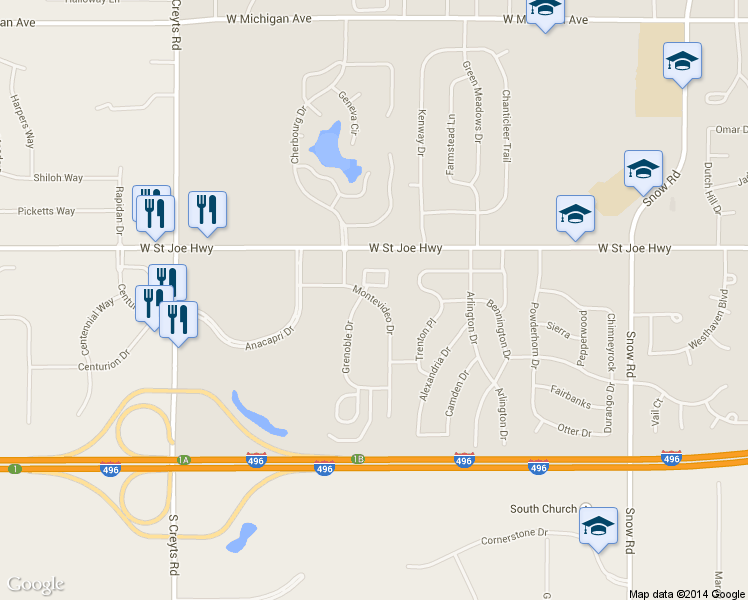 map of restaurants, bars, coffee shops, grocery stores, and more near 828 Montevideo Drive in Lansing