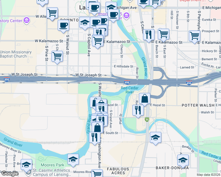 map of restaurants, bars, coffee shops, grocery stores, and more near 206 Malcolm X Street in Lansing
