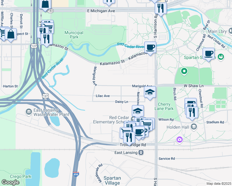 map of restaurants, bars, coffee shops, grocery stores, and more near 1127 Lilac Avenue in East Lansing