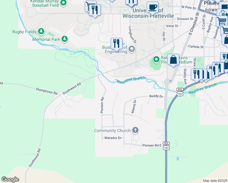 map of restaurants, bars, coffee shops, grocery stores, and more near 640 Pyrite Road in Platteville