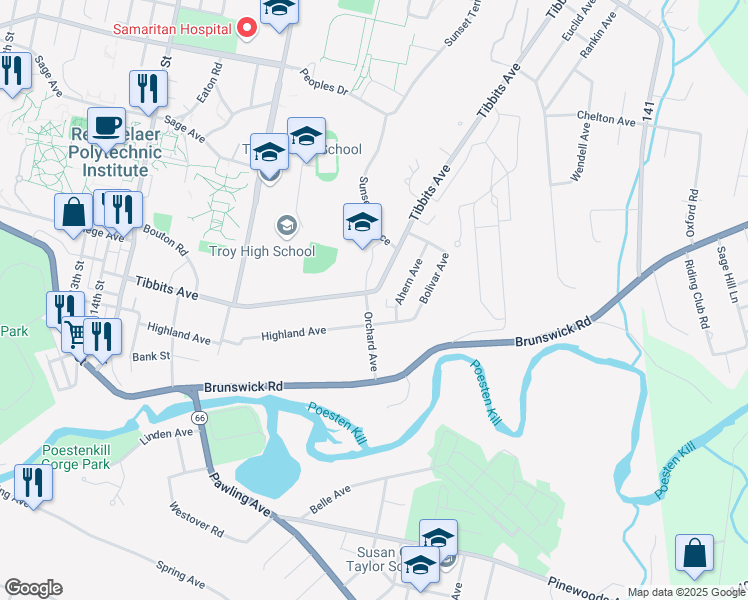 map of restaurants, bars, coffee shops, grocery stores, and more near 1 Bolivar Avenue in Troy