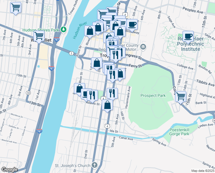 map of restaurants, bars, coffee shops, grocery stores, and more near 254 Washington Street in Troy