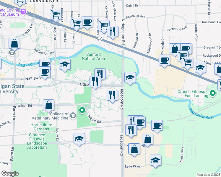 map of restaurants, bars, coffee shops, grocery stores, and more near 119-121 Hubbard Rd in East Lansing