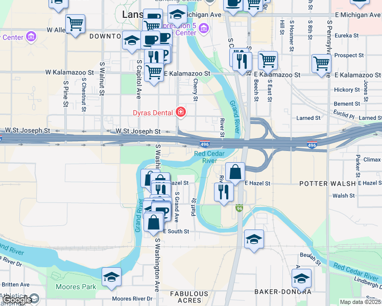 map of restaurants, bars, coffee shops, grocery stores, and more near in Lansing