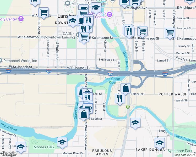 map of restaurants, bars, coffee shops, grocery stores, and more near 206 Malcolm X Street in Lansing