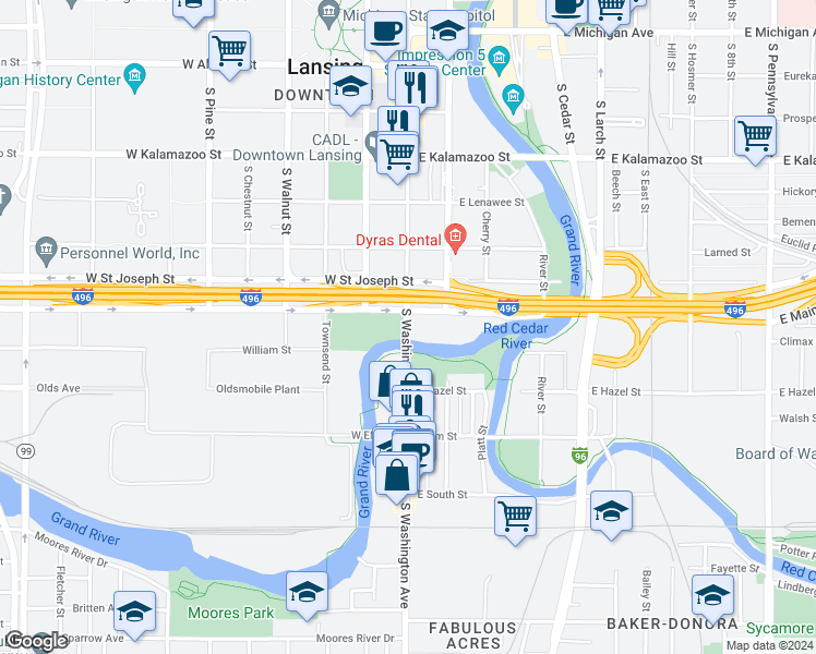 map of restaurants, bars, coffee shops, grocery stores, and more near 112 Malcolm X Street in Lansing