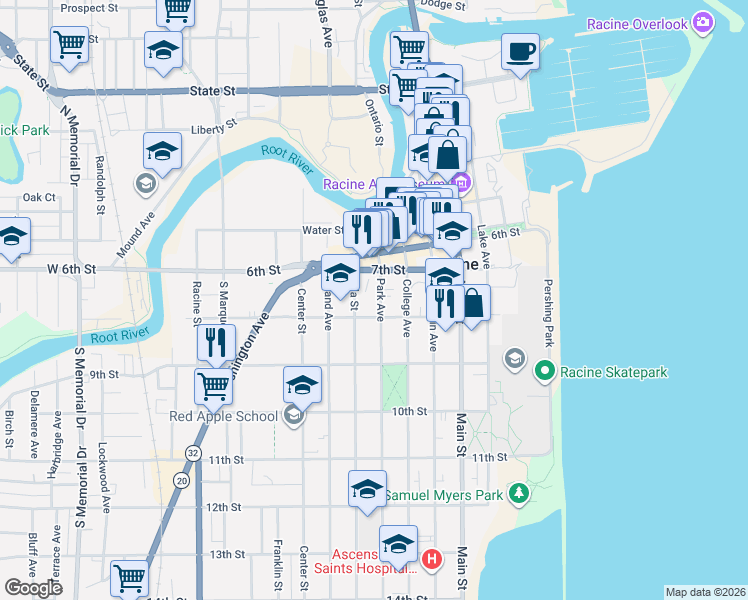 map of restaurants, bars, coffee shops, grocery stores, and more near 744 Park Avenue in Racine