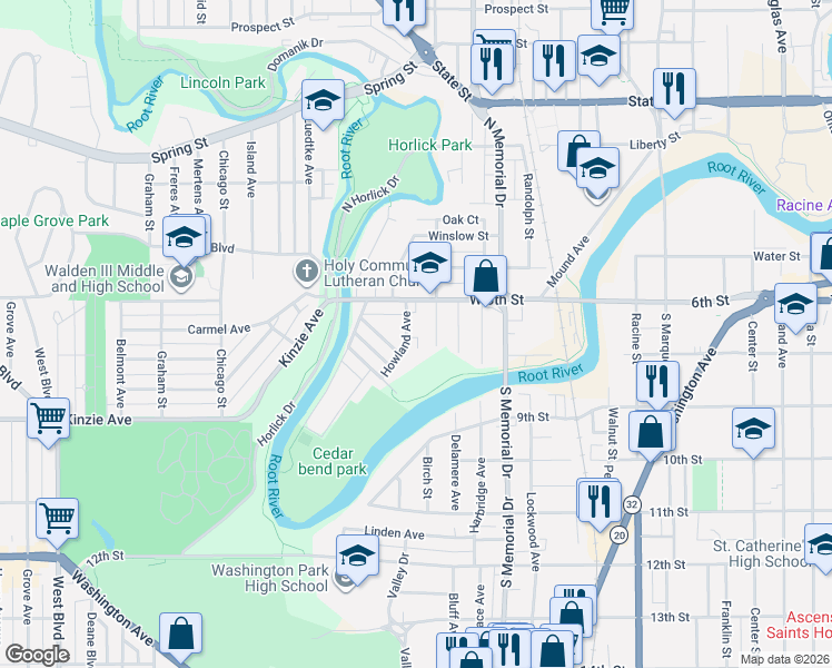 map of restaurants, bars, coffee shops, grocery stores, and more near 203 Howland Avenue in Racine