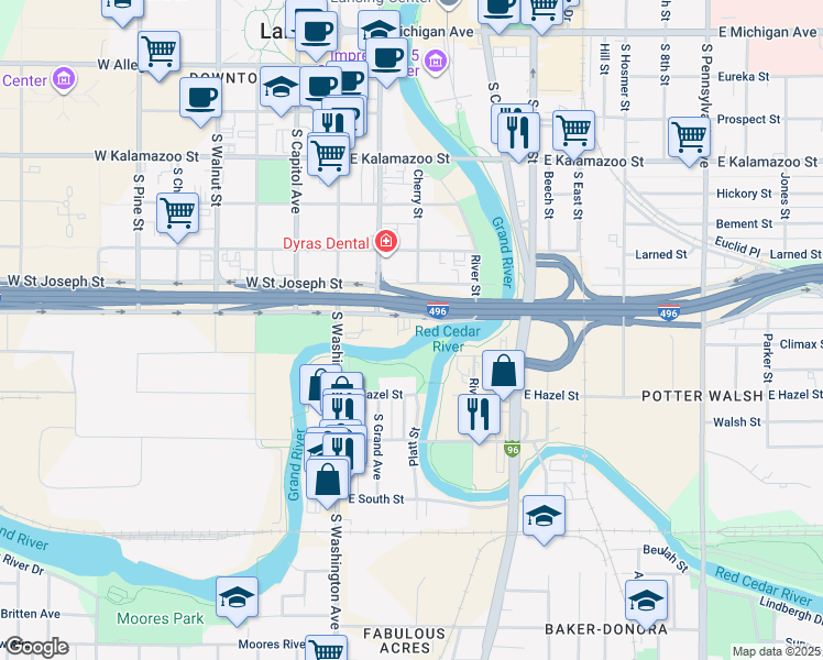 map of restaurants, bars, coffee shops, grocery stores, and more near 300 E Main St in Lansing