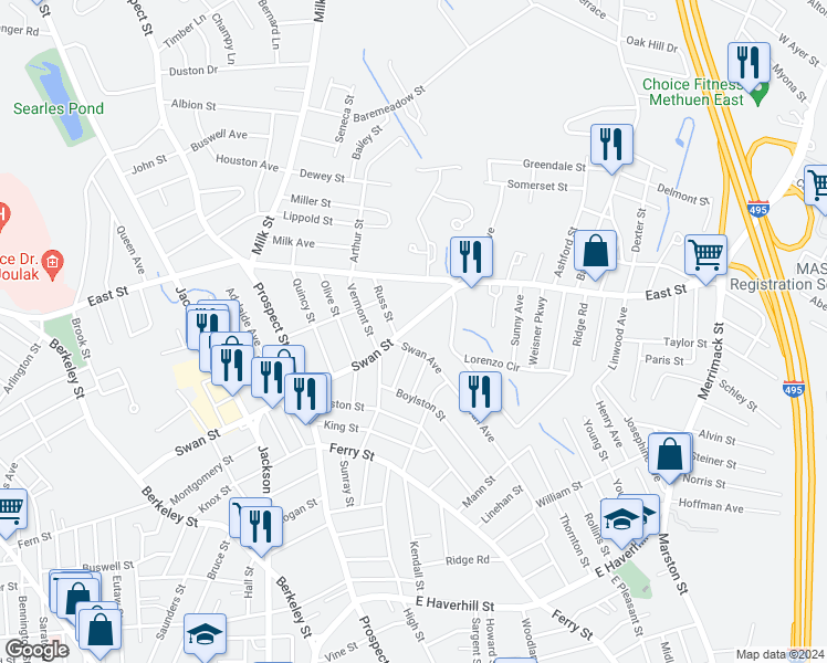 map of restaurants, bars, coffee shops, grocery stores, and more near 149 Swan Street in Methuen
