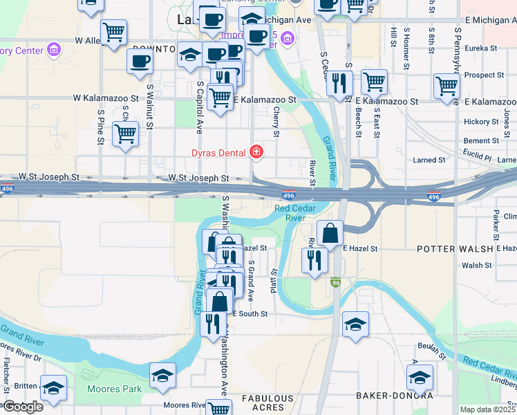 map of restaurants, bars, coffee shops, grocery stores, and more near 206 Malcolm X Street in Lansing