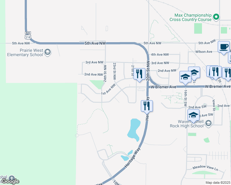 map of restaurants, bars, coffee shops, grocery stores, and more near 2303 W Bremer Ave in Waverly