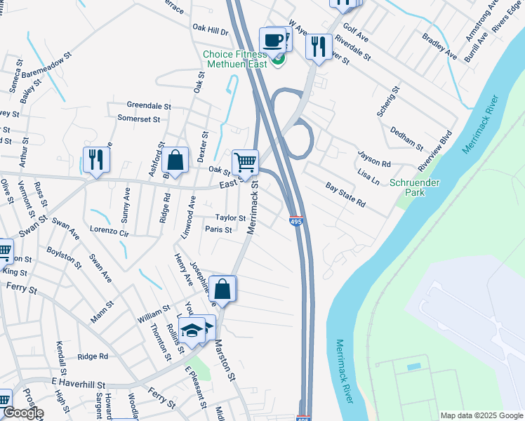 map of restaurants, bars, coffee shops, grocery stores, and more near 34 Merrimack Street in Methuen
