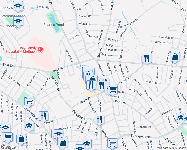 map of restaurants, bars, coffee shops, grocery stores, and more near 34 Adelaide Avenue in Methuen