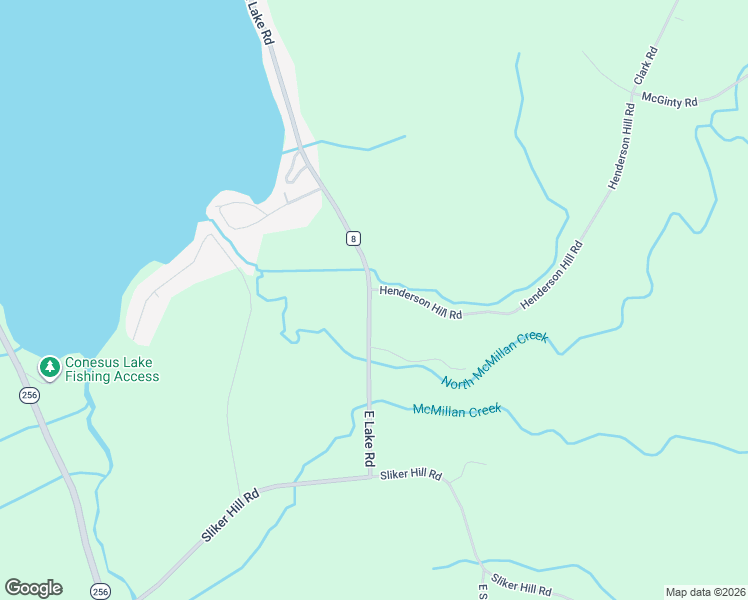 map of restaurants, bars, coffee shops, grocery stores, and more near 6129 East Lake Road in Conesus