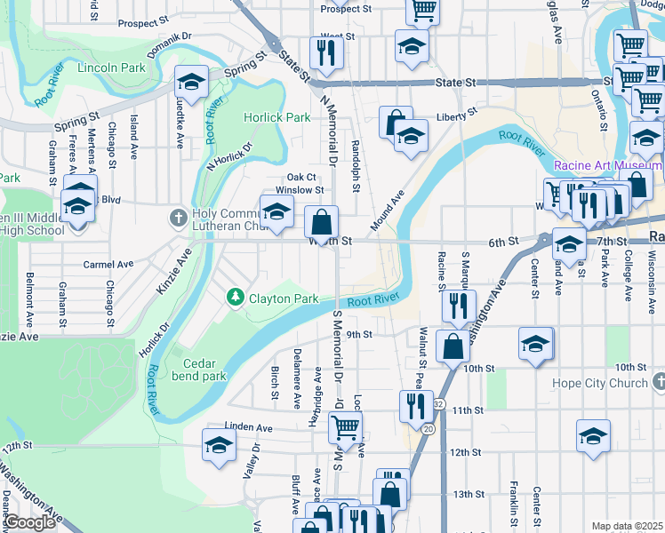 map of restaurants, bars, coffee shops, grocery stores, and more near 231 Harrison Street in Racine