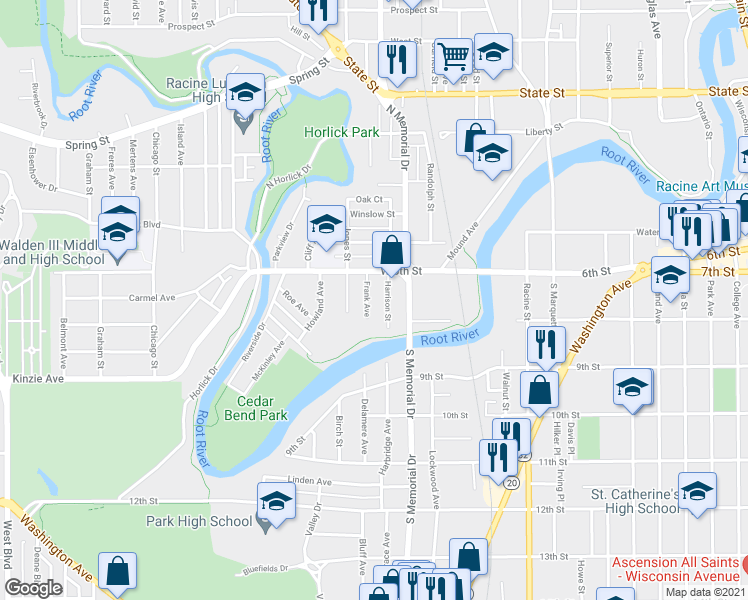 map of restaurants, bars, coffee shops, grocery stores, and more near 218 Frank Avenue in Racine