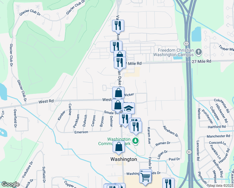 map of restaurants, bars, coffee shops, grocery stores, and more near 7666 West Road in Washington