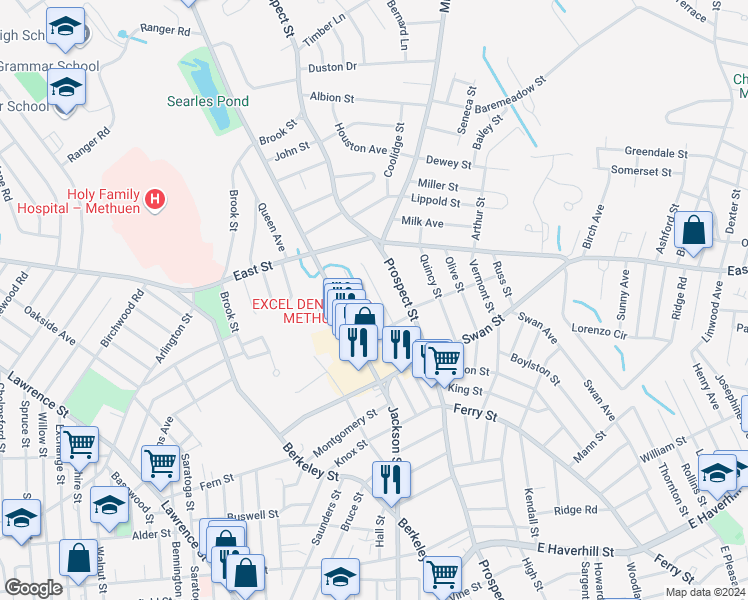 map of restaurants, bars, coffee shops, grocery stores, and more near 34 Adelaide Avenue in Methuen