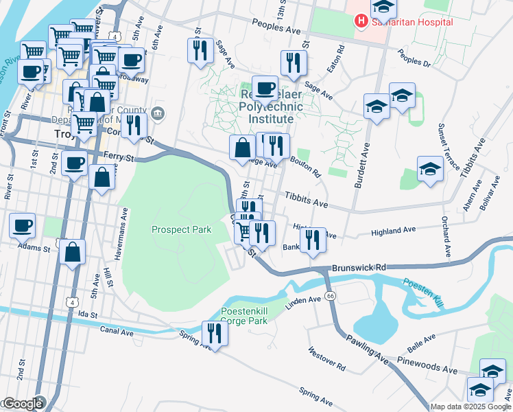 map of restaurants, bars, coffee shops, grocery stores, and more near 1 14th Street in Troy