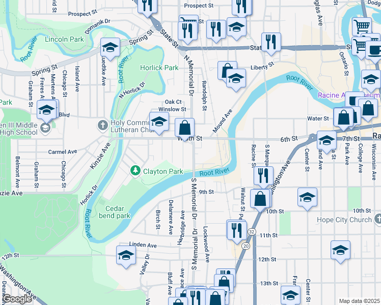 map of restaurants, bars, coffee shops, grocery stores, and more near 231 Harrison Street in Racine