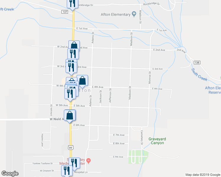 map of restaurants, bars, coffee shops, grocery stores, and more near Jefferson Street in Afton