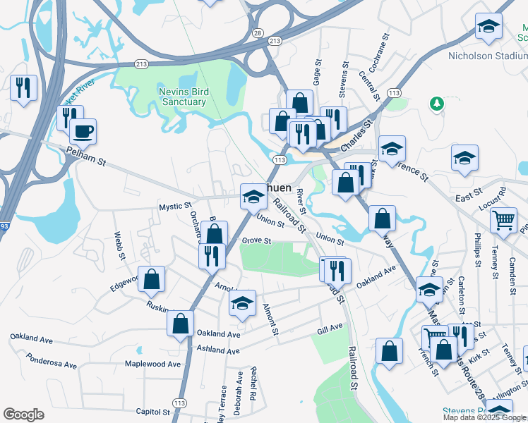 map of restaurants, bars, coffee shops, grocery stores, and more near 76 Union Street in Methuen
