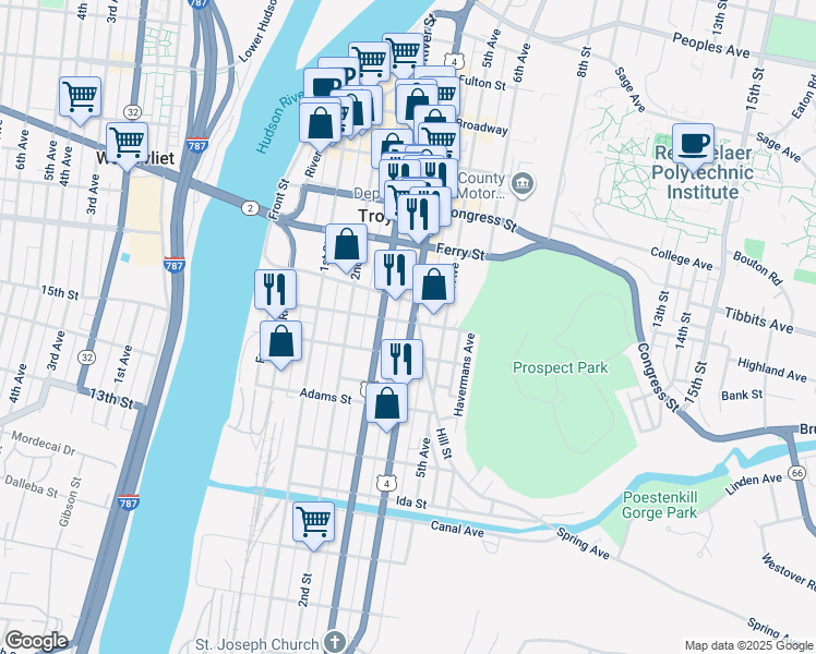 map of restaurants, bars, coffee shops, grocery stores, and more near 230 U.S. 4 in Troy