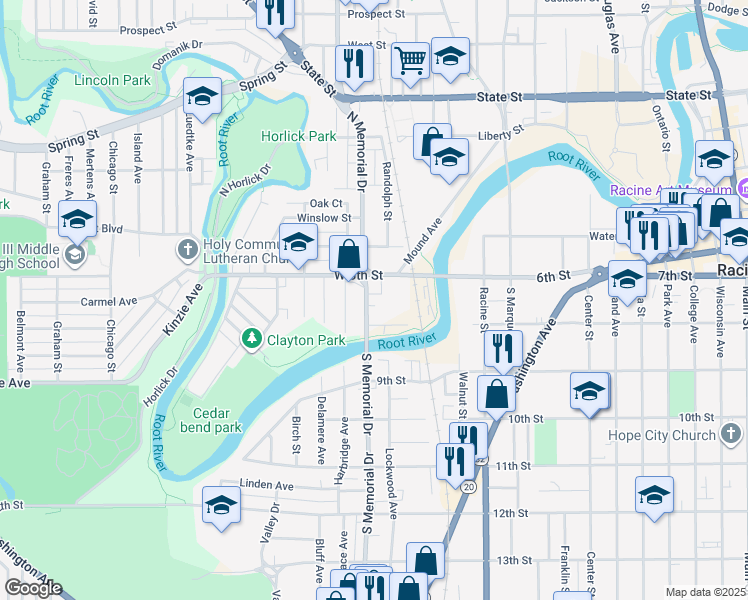 map of restaurants, bars, coffee shops, grocery stores, and more near 1424 Riverview Terrace in Racine