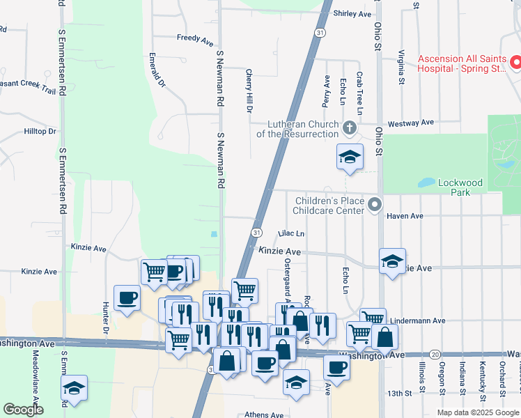 map of restaurants, bars, coffee shops, grocery stores, and more near 715 Wisconsin 31 in Mount Pleasant