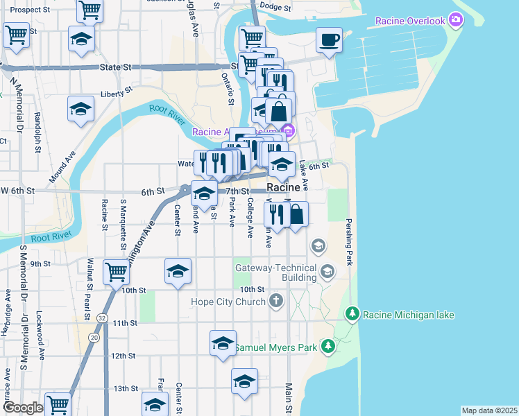 map of restaurants, bars, coffee shops, grocery stores, and more near 730 Wisconsin Avenue in Racine