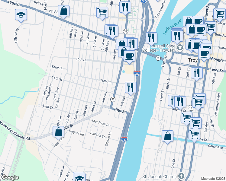 map of restaurants, bars, coffee shops, grocery stores, and more near 102 14th Street in Watervliet