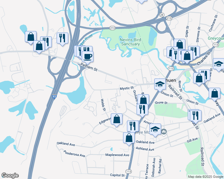 map of restaurants, bars, coffee shops, grocery stores, and more near Mystic Street in Methuen