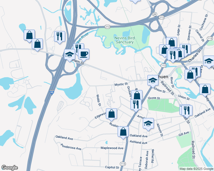 map of restaurants, bars, coffee shops, grocery stores, and more near Mystic Street in Methuen