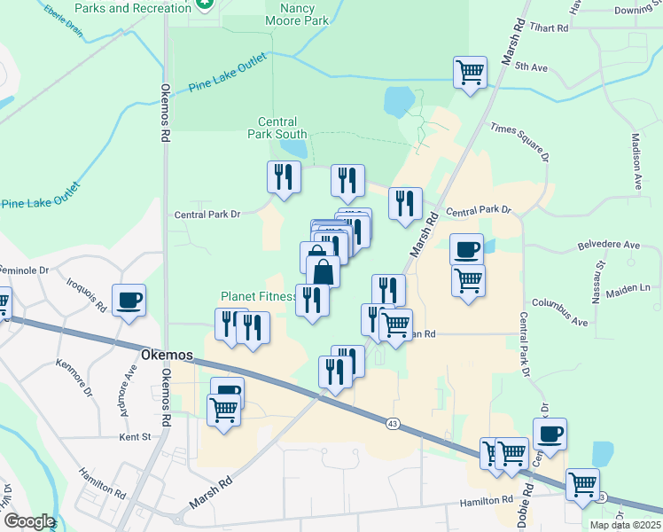 map of restaurants, bars, coffee shops, grocery stores, and more near in Meridian charter Township