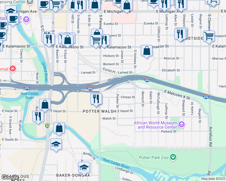 map of restaurants, bars, coffee shops, grocery stores, and more near 1100 Malcolm X Street in Lansing
