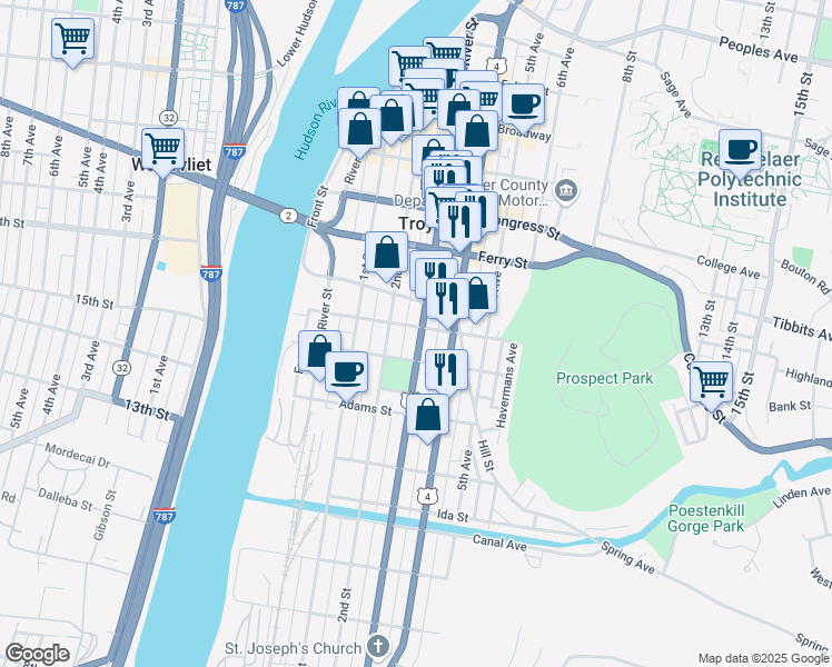map of restaurants, bars, coffee shops, grocery stores, and more near 183 3rd Street in Troy