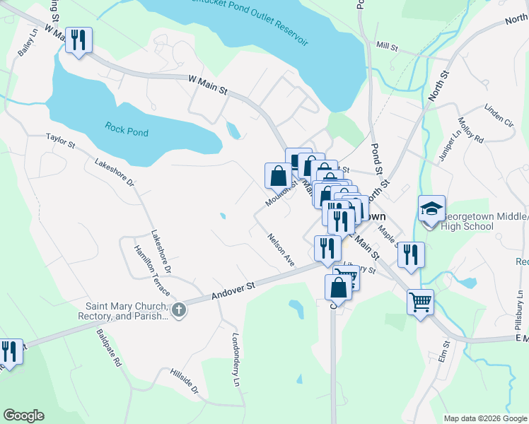 map of restaurants, bars, coffee shops, grocery stores, and more near 6 Monroe Street in Georgetown