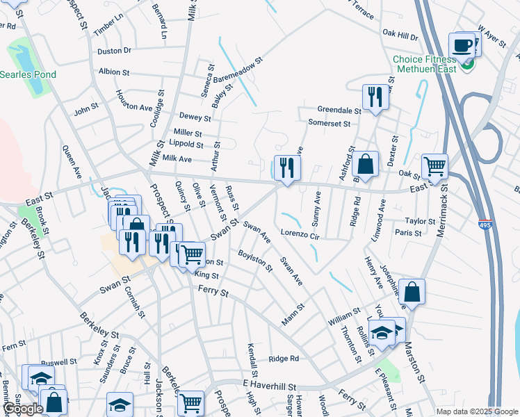 map of restaurants, bars, coffee shops, grocery stores, and more near 150 Swan Street in Methuen