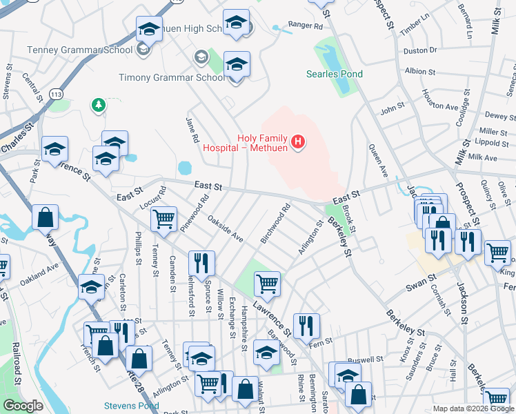 map of restaurants, bars, coffee shops, grocery stores, and more near 59 East Street in Methuen